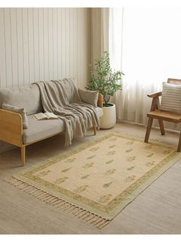 The Home Story - Hand Block Print Dari Carpet - Earthy Sage Rug with Tassels