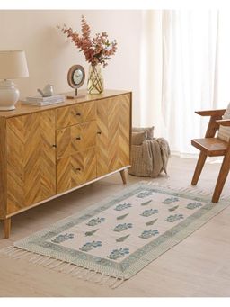 The Home Story - Hand Block Print Dari Carpet - Blue Blossom Rug with Tassels