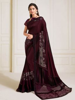 Odette - Wine Lycra Designer Saree with Unstitched Blouse