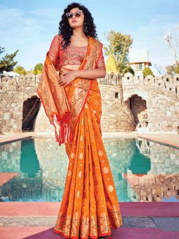 Odette - Womens Orange Banarasi Silk Woven Design Saree with Unstitched Blouse