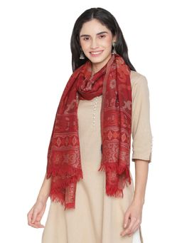 Shingora - Red Wool Blend Jacquard Fringed Stole for Women