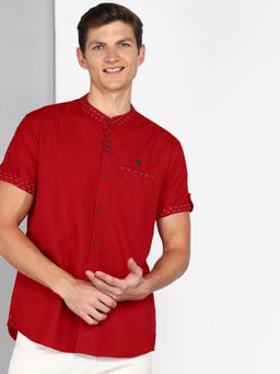 KUONS AVENUE - Red Men'S Linen Cotton Indowestern Half Sleeve Shirt