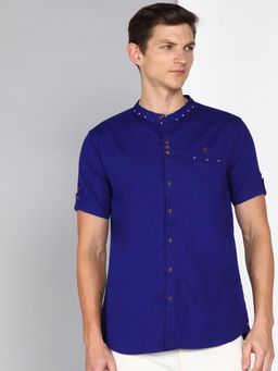 KUONS AVENUE - Blue Men'S Linen Cotton Indowestern Half Sleeve Shirt