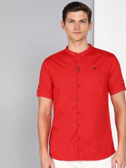 KUONS AVENUE - Red Men'S Linen Cotton Indowestern Half Sleeve Shirt