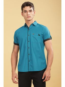 KUONS AVENUE - Teal Men'S Linen Cotton Half Sleeve Shirt