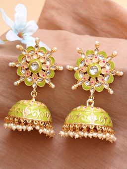 Karatcart - Gold Plated Floral Design Light Green Meena and Pearl Jhumki Earrings for Women