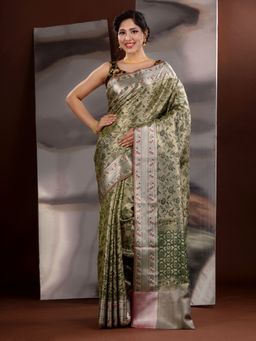 CHARUKRITI - Olive Silk Blend Floral Handwoven Saree with Unstitched Blouse
