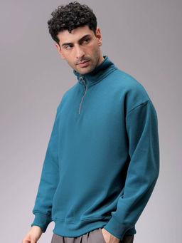 The Indian Garage Co - Men Teal Relaxed Fit High Neck Overhead Sweatshirt