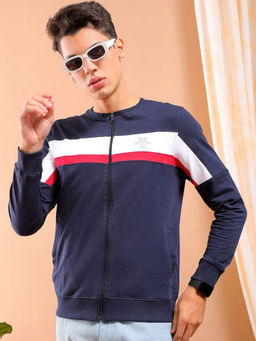 The Indian Garage Co - Men Navy Blue Slim Fit Front Open High Neck Jacket