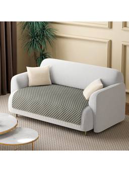 Kuber Industries - Grey 2 Seater Quilted Velvet Sofa Cover with Tassels Lace