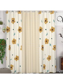 CHHAVI INDIA - Mustard Floral & Checkered Semi-Transparent 7Ft Door Curtains (Pack Of 3)