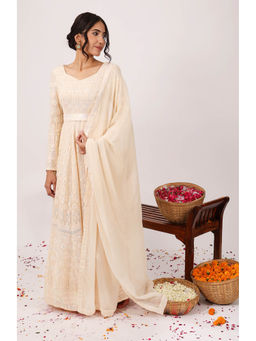 HANDME - Splendid Heavy Embroidered Chikankari Anarkali Gown with Dupatta & Belt (Set of 3)