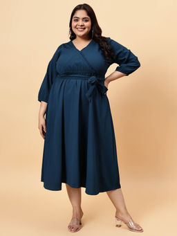 Bani Women - Plus Size Striped V-Neck Fit & Flare Ethnic Midi Dress