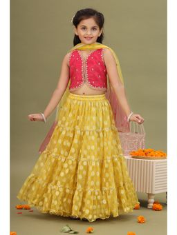 MASTARANG - Girls Yellow Brocade Lehenga Choli with Dupatta