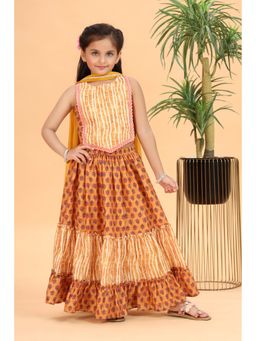 MASTARANG - Girls Mustard Tiered Lehenga Choli with Dupatta