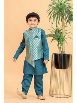MASTARANG - Boys Teal Striped Jacket & Kurta with Pyjama