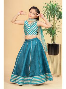 MASTARANG - Girls Teal Kalidhar Lehenga Choli with Dupatta