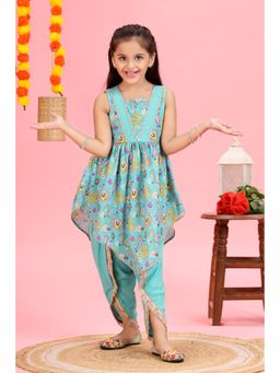 MASTARANG - Girls Aqua Asymmetrical Kurta & Dhoti