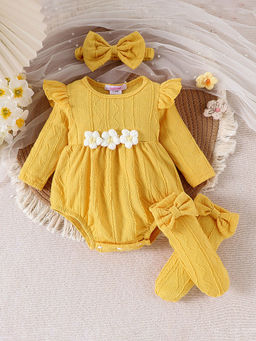 Hopscotch - Floral Applique Onesie with Pair Of Socks and Headband