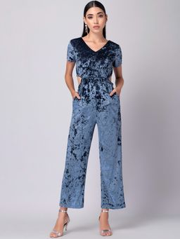 FabAlley - Frost Blue Velour Side Cut Out Jumpsuit
