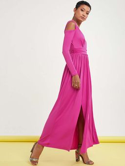 Styli - Purple Cold Shoulder Plunge Neck A-line Maxi Dress