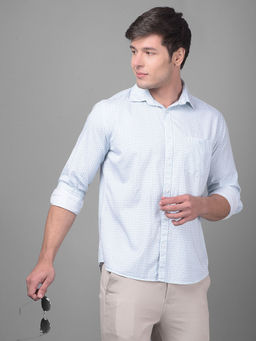 CRIMSOUNE CLUB - Mens Blue Printed Full Sleeves Collar Neck Casual Shirt