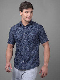 CRIMSOUNE CLUB - Mens Navy Blue Floral Half Sleeves Collar Neck Casual Shirt