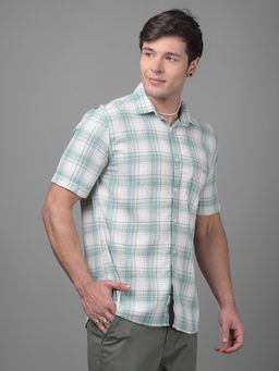 CRIMSOUNE CLUB - Mens Green Checks Half Sleeves Collar Neck Casual Shirt