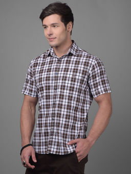 CRIMSOUNE CLUB - Mens Brown Checks Half Sleeves Collar Neck Casual Shirt