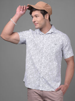 CRIMSOUNE CLUB - Mens White Printed Half Sleeves Collar Neck Casual Shirt