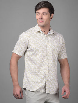 CRIMSOUNE CLUB - Mens Olive Floral Half Sleeves Collar Neck Casual Shirt
