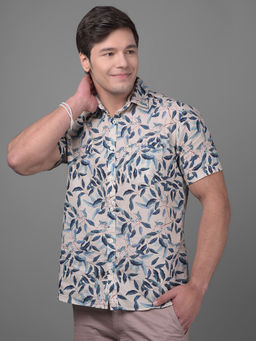 CRIMSOUNE CLUB - Mens Beige Floral Half Sleeves Collar Neck Casual Shirt