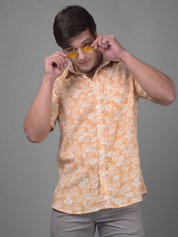 CRIMSOUNE CLUB - Mens Mustard Floral Half Sleeves Collar Neck Casual Shirt