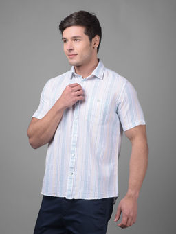 CRIMSOUNE CLUB - Mens Green Stripes Half Sleeves Collar Neck Casual Shirt