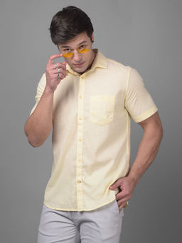 CRIMSOUNE CLUB - Mens Yellow Self Design Half Sleeves Collar Neck Casual Shirt