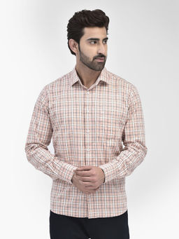 CRIMSOUNE CLUB - Mens Peach Checks Full Sleeves Collar Neck Casual Shirt