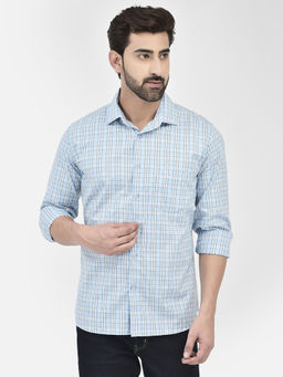 CRIMSOUNE CLUB - Mens Blue Checks Full Sleeves Collar Neck Casual Shirt