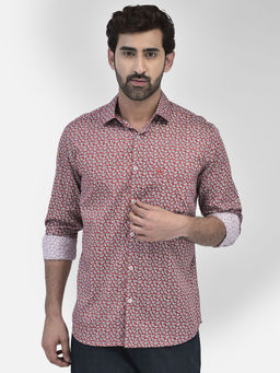 CRIMSOUNE CLUB - Mens Red Floral Full Sleeves Collar Neck Casual Shirt