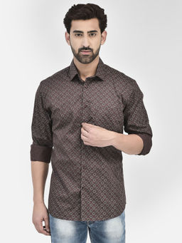 CRIMSOUNE CLUB - Mens Brown Geometric Full Sleeves Collar Neck Casual Shirt