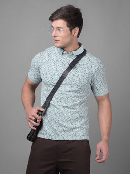 CRIMSOUNE CLUB - Mens Blue Floral Half Sleeves Collar Neck Polo T-Shirt