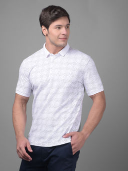 CRIMSOUNE CLUB - Mens White Geometric Half Sleeves Collar Neck Polo T-Shirt