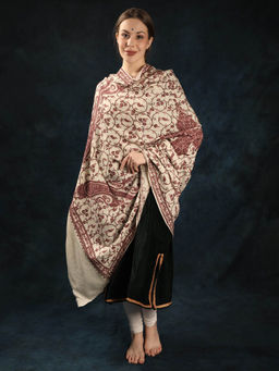 EXOTIC INDIA - Cream Floral Pure Wool Shawl