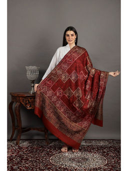 EXOTIC INDIA - Traditional Work Jamawar Pattern Woolen Women Red Shawl