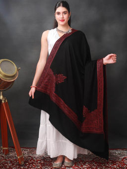 EXOTIC INDIA - Traditional Kashmiri Design Sozni Hand-Embroidered Black Shawl