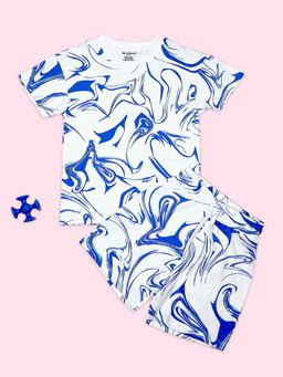 Be Awara - Cotton Half Sleeves Blue Marble Print T-Shirt & Shorts - White (Set of 2)