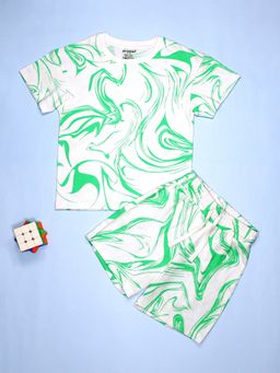 Be Awara - Half Sleeves Green Marble Print Drop Shoulder T-Shirt & Shorts (Set of 2)