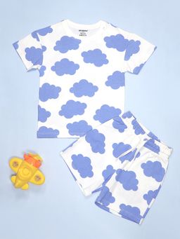 Be Awara - Cotton Half Sleeves Cloud Drop Shoulder T-Shirt & Shorts - White (Set of 2)