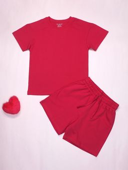 Be Awara - Half Sleeves Viva Magenta Drop Shoulder T-Shirt & Shorts - Red (Set of 2)