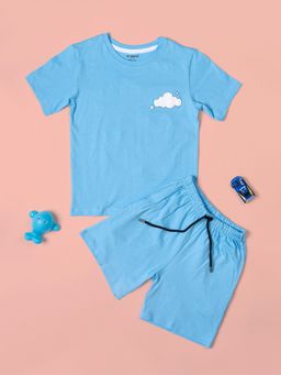 Be Awara - Half Sleeves Head In The Clouds Print T-Shirt & Short - Blue (Set of 2)