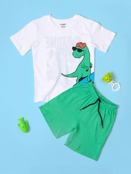 Be Awara - Cotton Half Sleeves Dino On Skates Print T-Shirt & Short - Green (Set of 2)